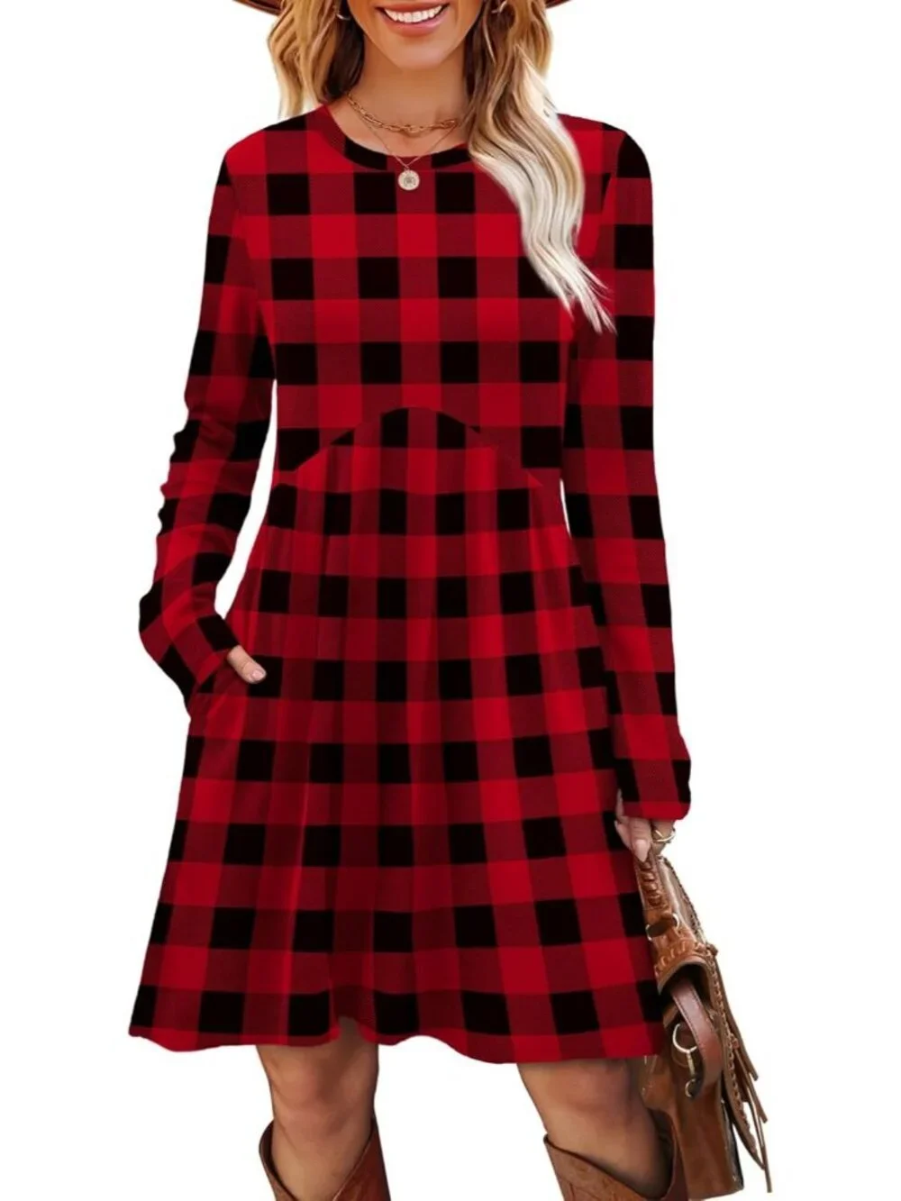 Women's Dark Red Plaid Sleeve Comfort Crew Neck Empire Waist Tunic Mini Dress - Picture 3 of 5